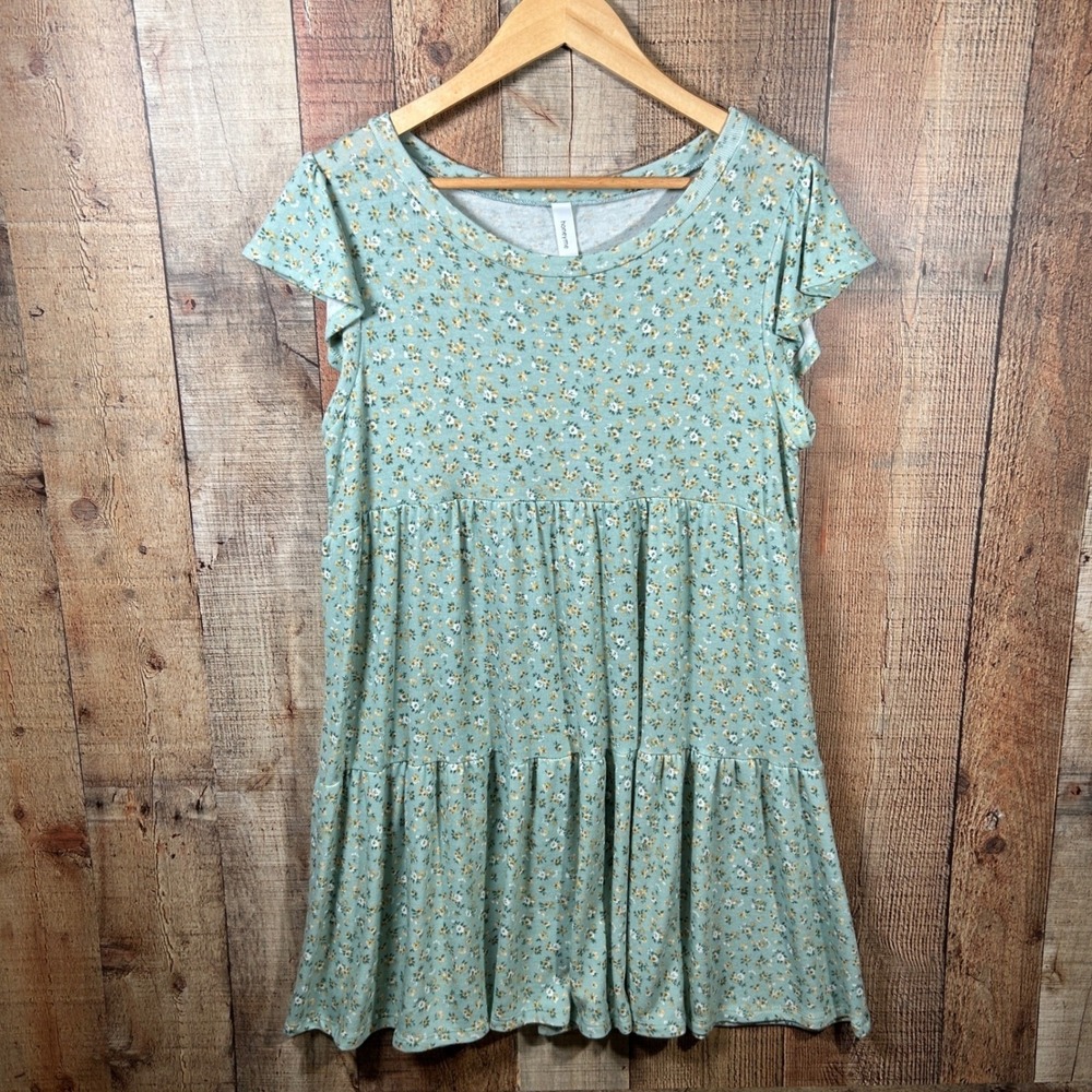 Honeyme Sage Green Floral Tiered Babydoll Dress Flutter Sleeve Boho Medium S